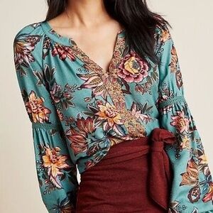 FARM Rio Teal and Burgundy Floral Blouse